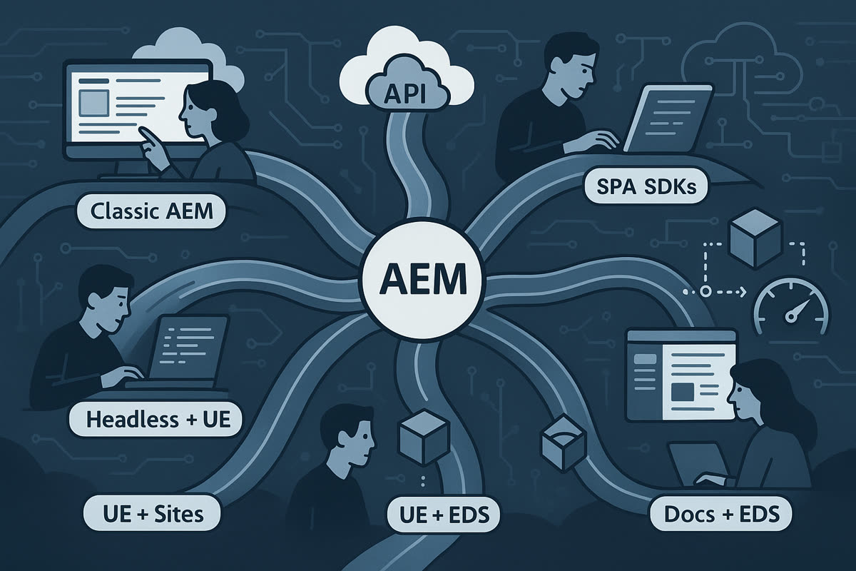 Illustration: AEM in a circle at the center, with roads leading out to people working on Classic AEM, SPA SDKs, Headless + UE, UE + Sites, UE + EDS and Docs + EDS, and an API cloud above.