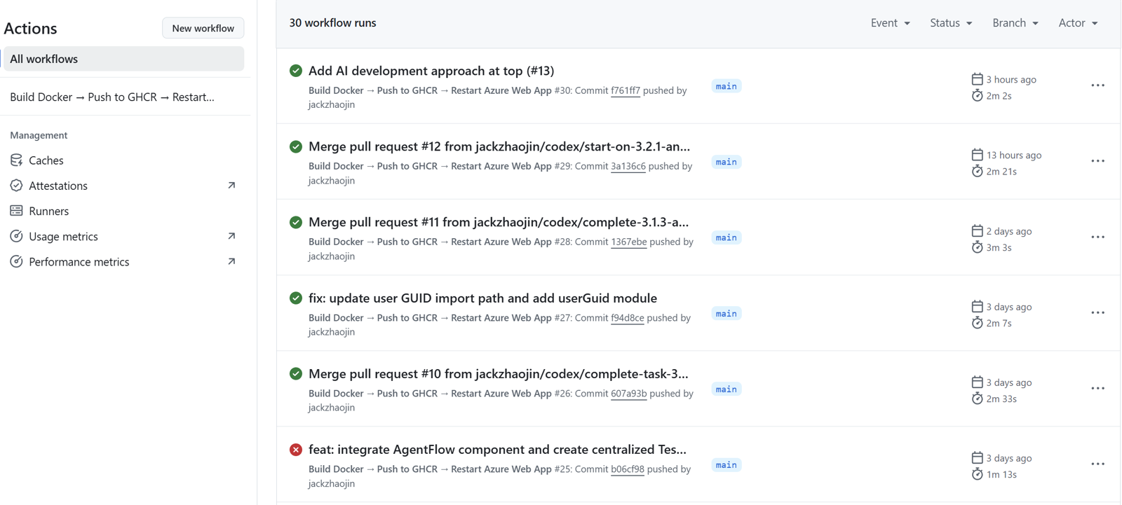 GitHub Actions page for shadow-pivot-ai-agentv2 listing 30 workflow runs of Build Docker, Push to GHCR, Restart Azure Web App. The latest runs, including merges of Codex pull requests 10, 11 and 12, succeeded in about two to three minutes each. One earlier run failed.