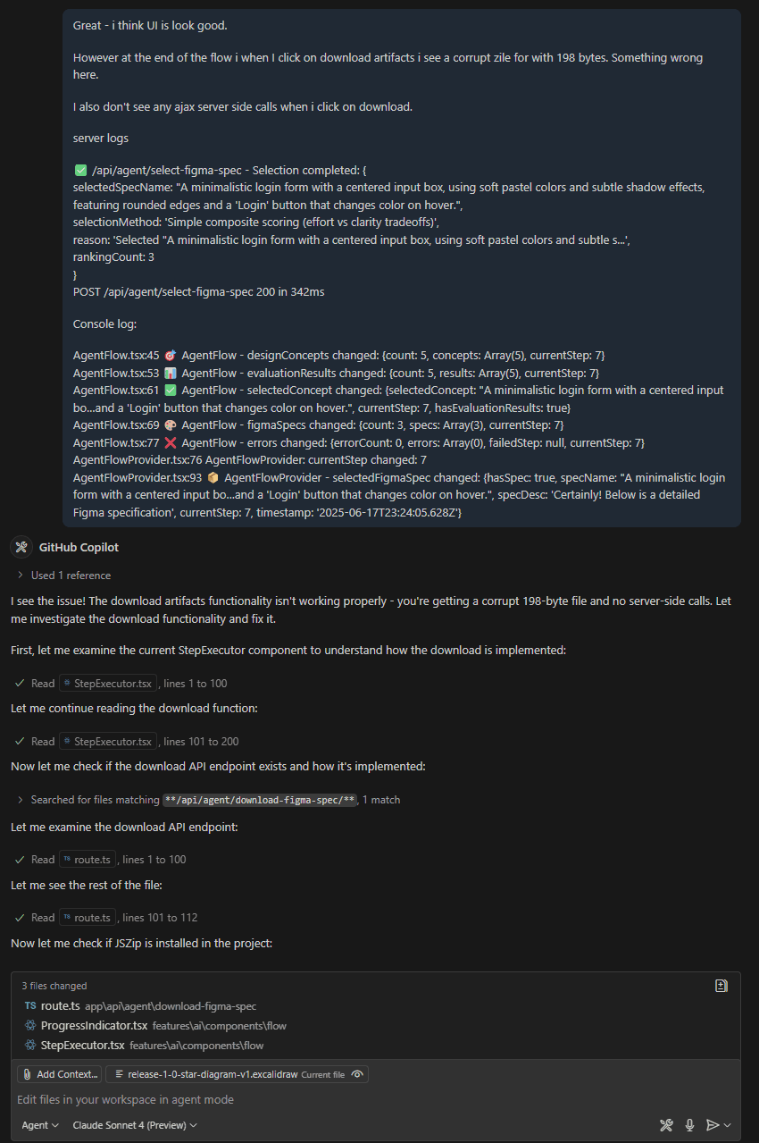 My message in the editor's agent chat: the UI looks good, but download artifacts gives a corrupt 198-byte zip and no server-side call, followed by the server log and browser console log. The agent reads StepExecutor.tsx and the download route, then changes three files.