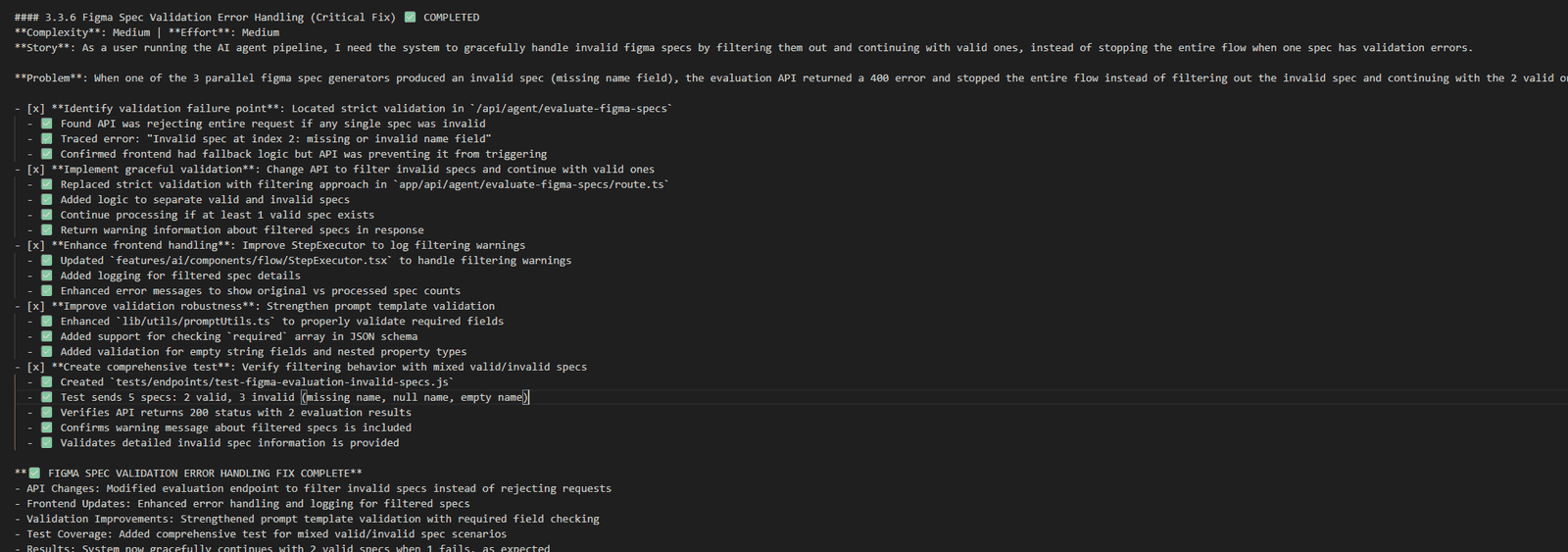 Ticket 3.3.6 in release-1.0.mdc, Figma Spec Validation Error Handling, marked completed: the story, the problem (one invalid spec of three made the evaluation API return 400 and stop the flow), and checked tasks to locate the validation, filter invalid specs, improve frontend handling, strengthen prompt validation and add a test with two valid and three invalid specs.