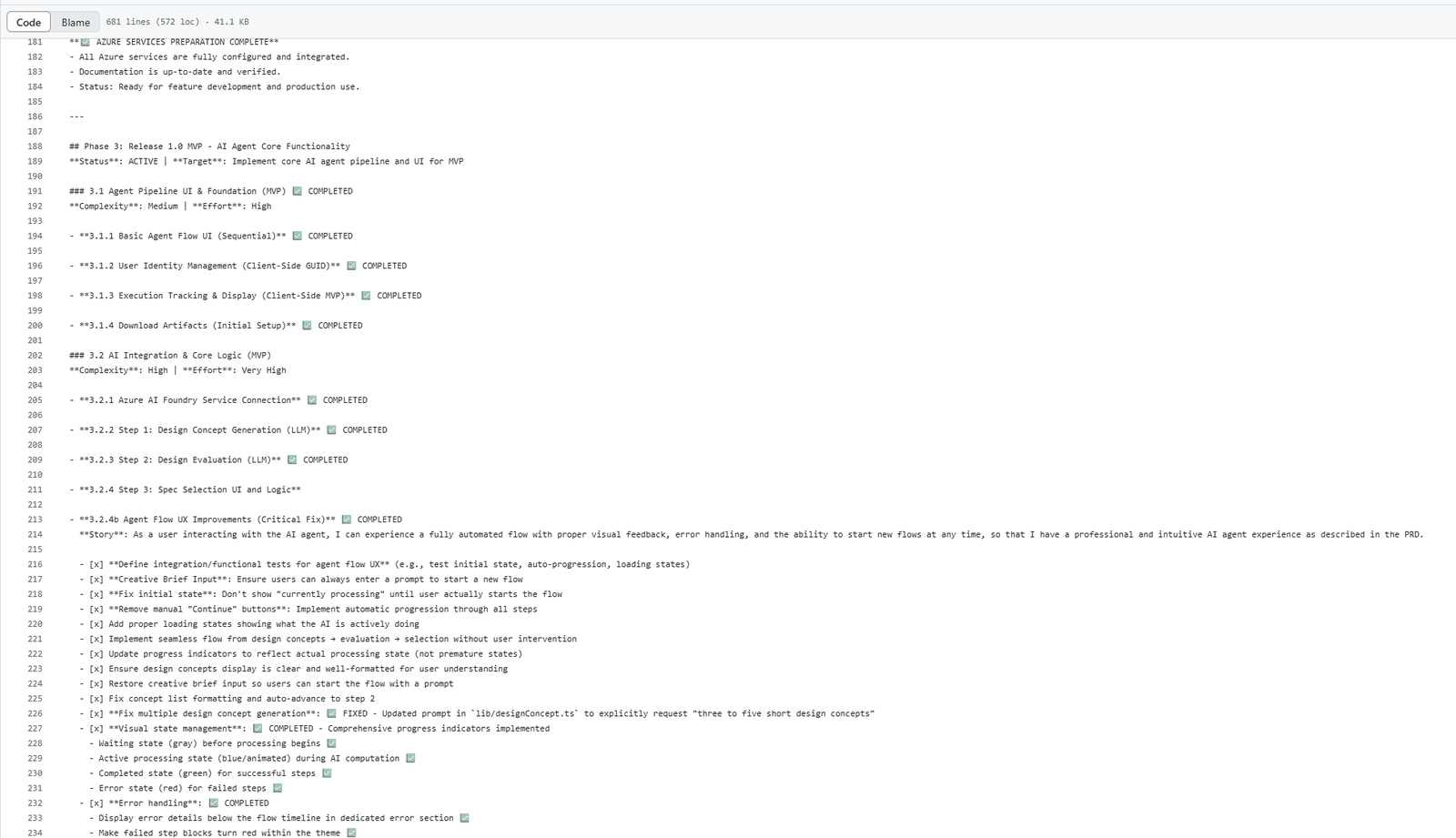 release-1.0.mdc on GitHub, lines 181 to 234: Phase 3, Release 1.0 MVP, with tasks 3.1.1 to 3.2.4b marked completed, complexity and effort ratings, and the 3.2.4b story with checked tasks such as fix initial state, remove manual continue buttons and fix multiple design concept generation.