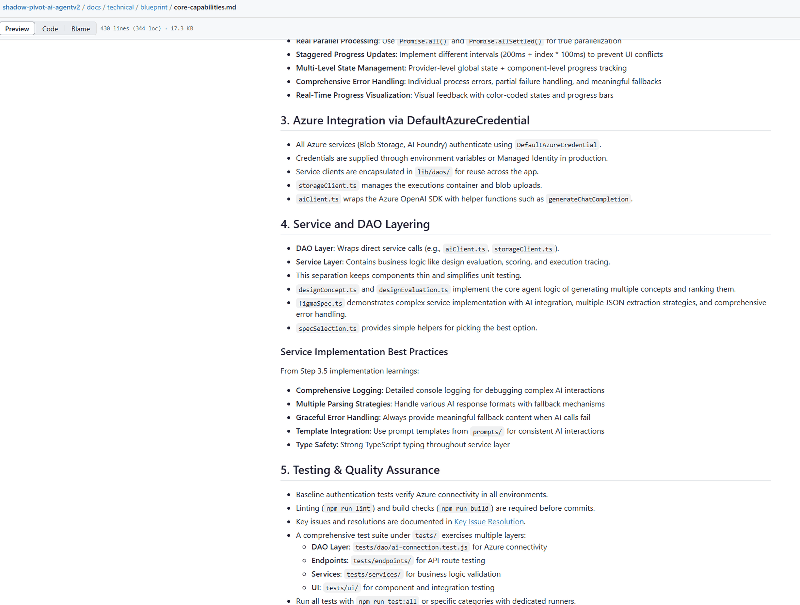 The core capabilities blueprint on GitHub, 430 lines: sections on Azure integration via DefaultAzureCredential, service and DAO layering with the design concept, evaluation and Figma spec services, service implementation best practices from step 3.5, and testing and quality assurance with the test folders for DAO, endpoints, services and UI.