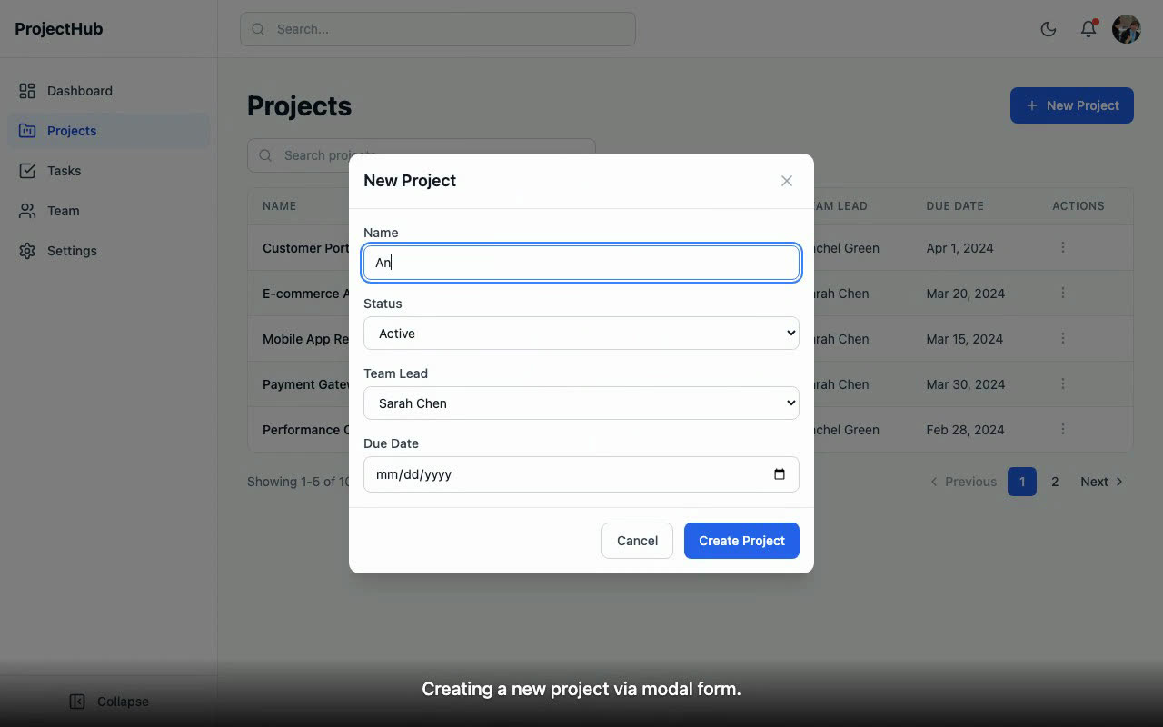 The New Project modal over the Projects table, with Name, Status, Team Lead and Due Date fields and a Create Project button, and the caption Creating a new project via modal form.