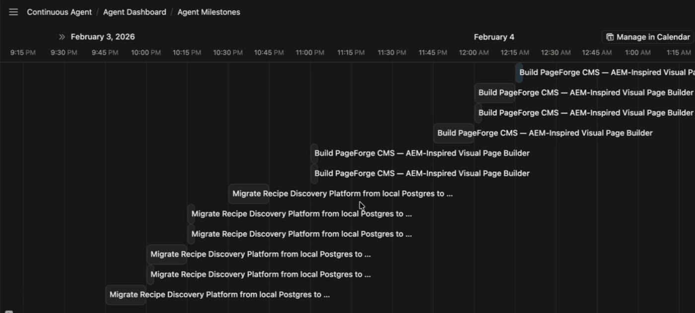 Notion timeline titled Continuous Agent, Agent Dashboard, Agent Milestones, from 9:15 PM on February 3, 2026 to 2:15 AM on February 4. Milestones for Migrate Recipe Discovery Platform from local Postgres run first, then milestones for Build PageForge CMS, an AEM-inspired visual page builder, after midnight.