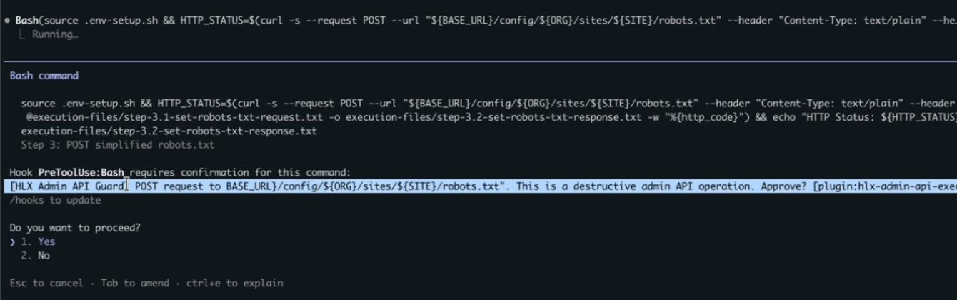 Claude Code terminal: the Bash command with curl --request POST to the robots.txt endpoint, then Hook PreToolUse:Bash requires confirmation for this command: HLX Admin API Guard, POST request to BASE_URL/config/ORG/sites/SITE/robots.txt. This is a destructive admin API operation. Approve? Do you want to proceed? 1. Yes 2. No.
