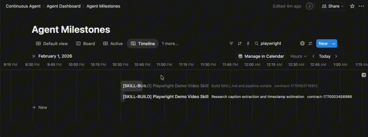 The Agent Milestones database in Notion, timeline view for February 1, 2026, showing two SKILL-BUILD rows for a Playwright demo video skill, each with its contract ID
