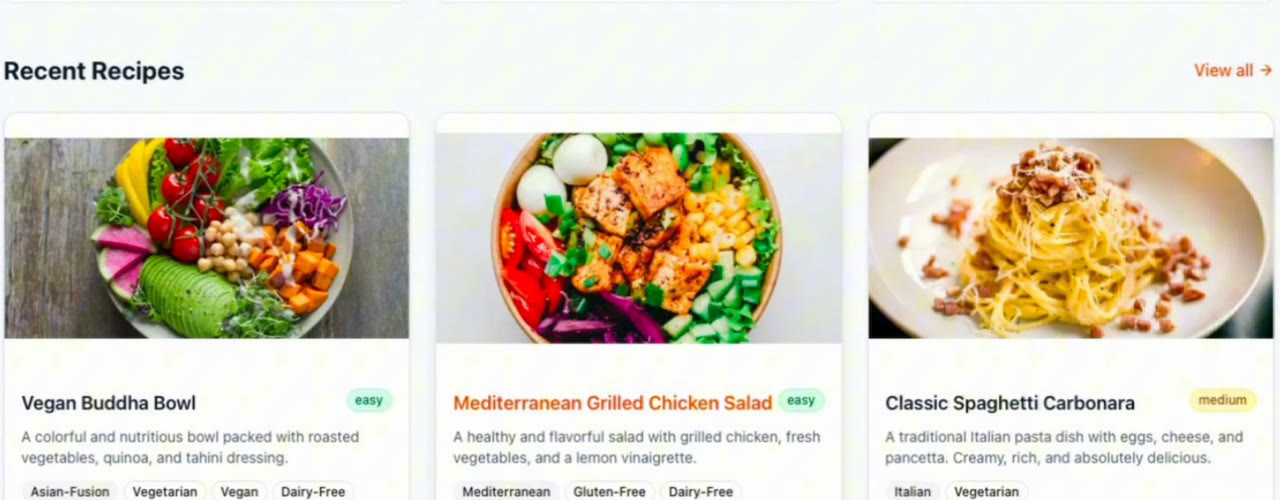 A frame of the agent-made demo video: the recipe app's Recent Recipes section with Vegan Buddha Bowl, Mediterranean Grilled Chicken Salad and Classic Spaghetti Carbonara cards, and the video's caption, Let's explore all available recipes