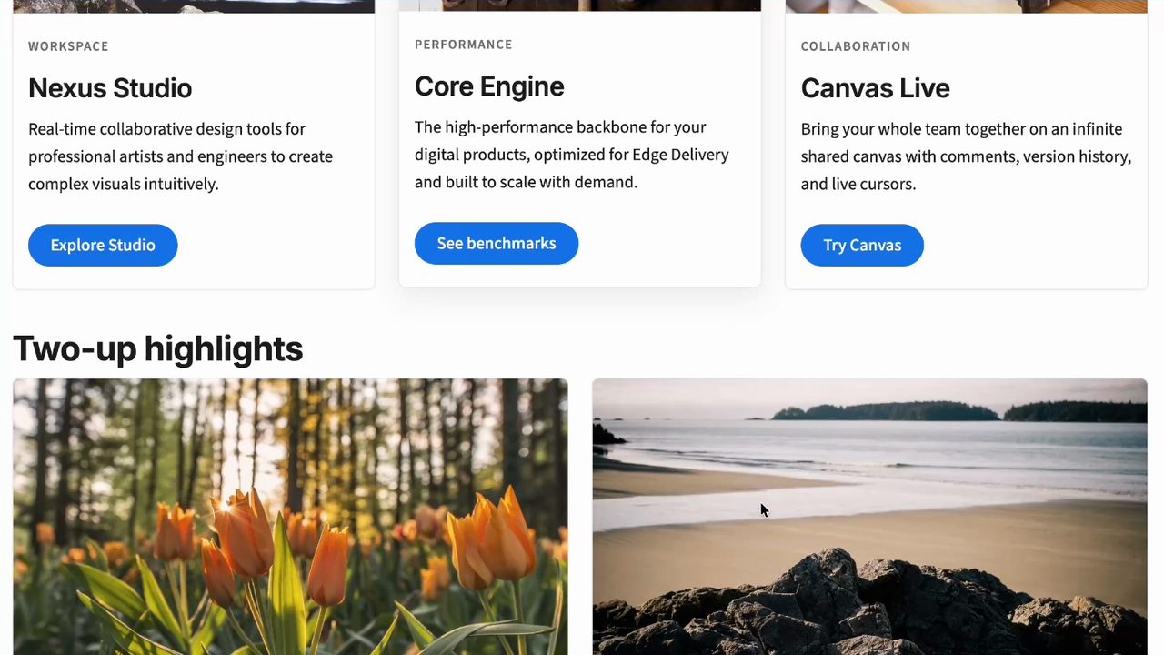 The site after the first prompt: three cards with sentence-case blue buttons, Explore Studio, See benchmarks and Try Canvas, sitting at different heights, followed by a two-up highlights section