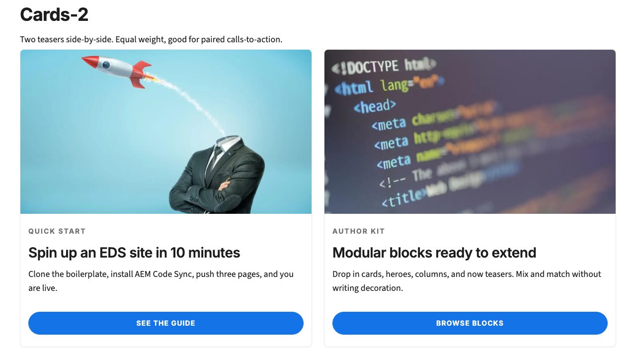 The live teaser page today: two cards with uppercase eyebrows, Quick start and Author kit, and full-width blue pill buttons, See the guide and Browse blocks, aligned at the bottom of each card