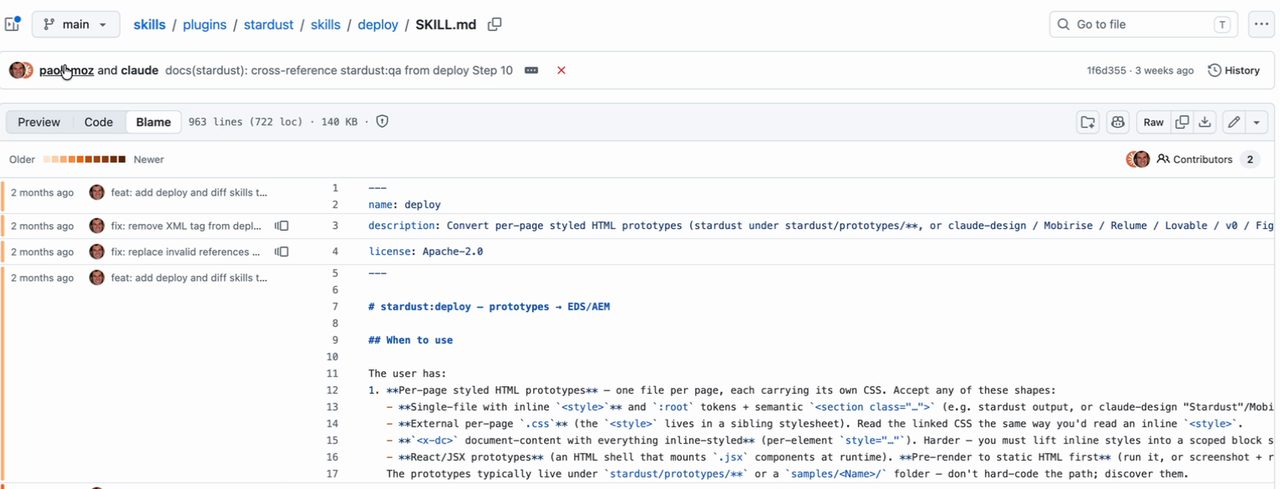 GitHub blame view of adobe/skills plugins/stardust/skills/deploy/SKILL.md: 963 lines, 140 KB, two contributors. The top of the file names the skill stardust:deploy, prototypes to EDS/AEM, and lists the prototype shapes it accepts and the vanilla aem-boilerplate it targets.