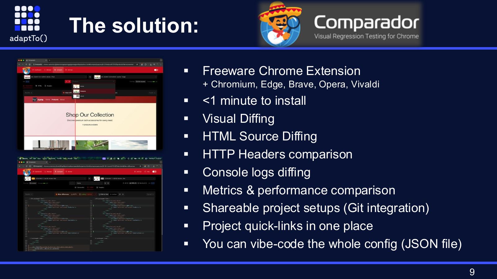 Slide titled The solution: Comparador, a freeware Chrome extension for Chromium, Edge, Brave, Opera and Vivaldi, with screenshots and a list of features: under a minute to install, visual diffing, HTML source diffing, HTTP headers comparison, console logs diffing, metrics comparison and shareable project setups.