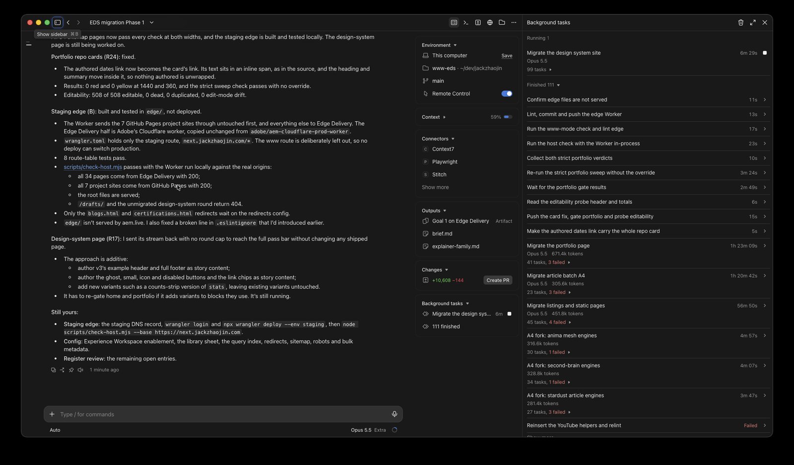 The session's summary of what is left: the staging edge built and tested locally, the route table tests passing, and the steps waiting on Jack: the staging DNS record, wrangler login, deploy, and the host check