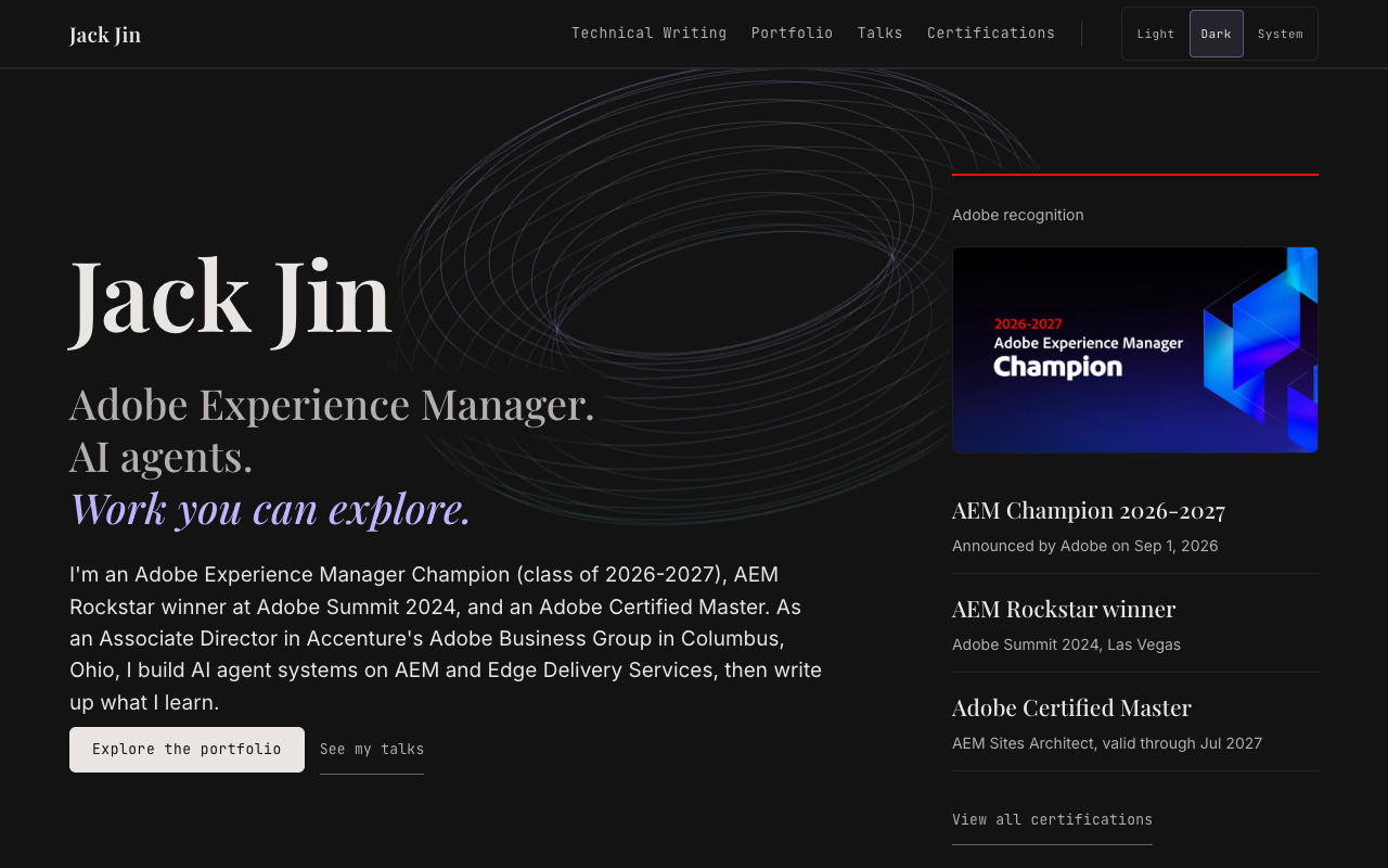 The home page on GitHub Pages in dark mode