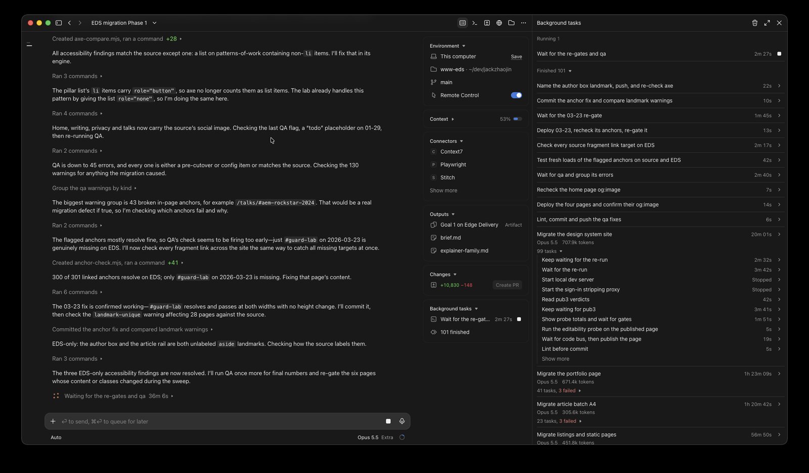 The session during final QA, re-gating pages and fixing the accessibility findings that EDS introduced, with the remaining tasks listed on the right