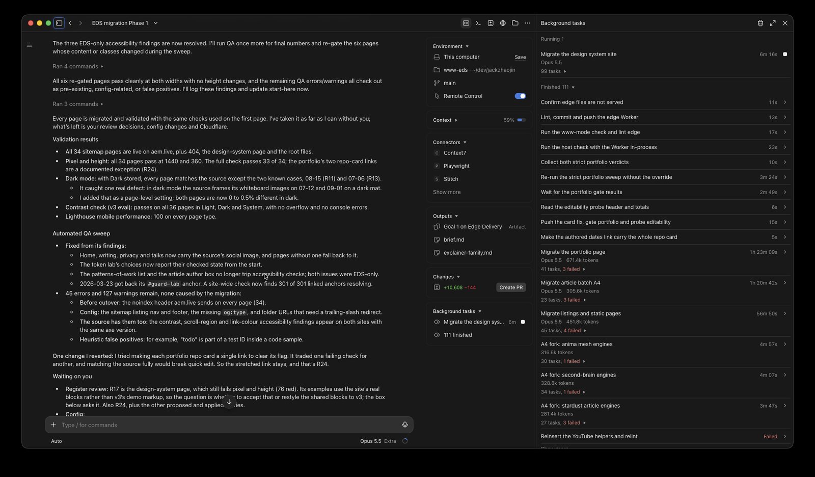 The session's validation summary: all 34 sitemap pages live, pixel and height passing at 1440 and 360, dark mode, contrast, QA sweep and Lighthouse results