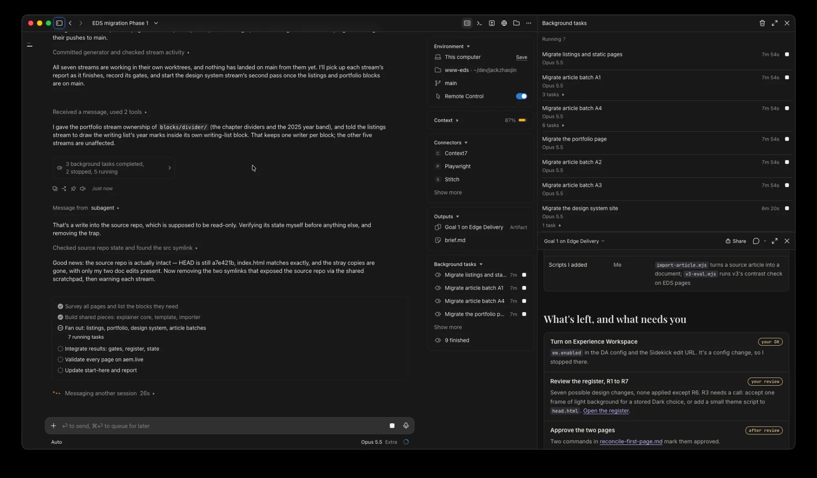 The Claude Code session with its background tasks panel: migrate listings and static pages, article batches A1 to A4, the portfolio page and the design system site, all running at once